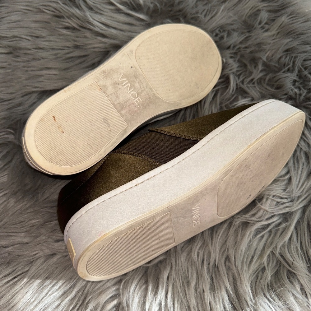 Vince Warren Italian Satin Platform Slip On Sneakers Antique Olive Size 7 - Picture 10 of 10